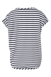 Product shot of The Drape Tee in colour NavyStripe (Blue), from the back