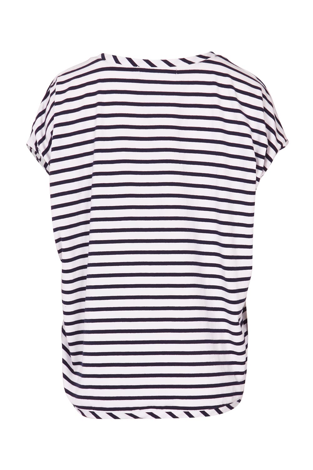 Product shot of The Drape Tee in colour NavyStripe (Blue), from the back
