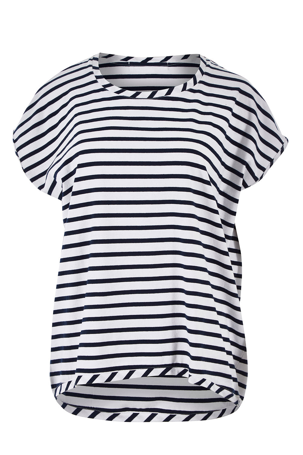 Product shot of The Drape Tee in colour NavyStripe (Blue), from the front