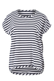 Product shot of The Drape Tee in colour NavyStripe (Blue), from the front