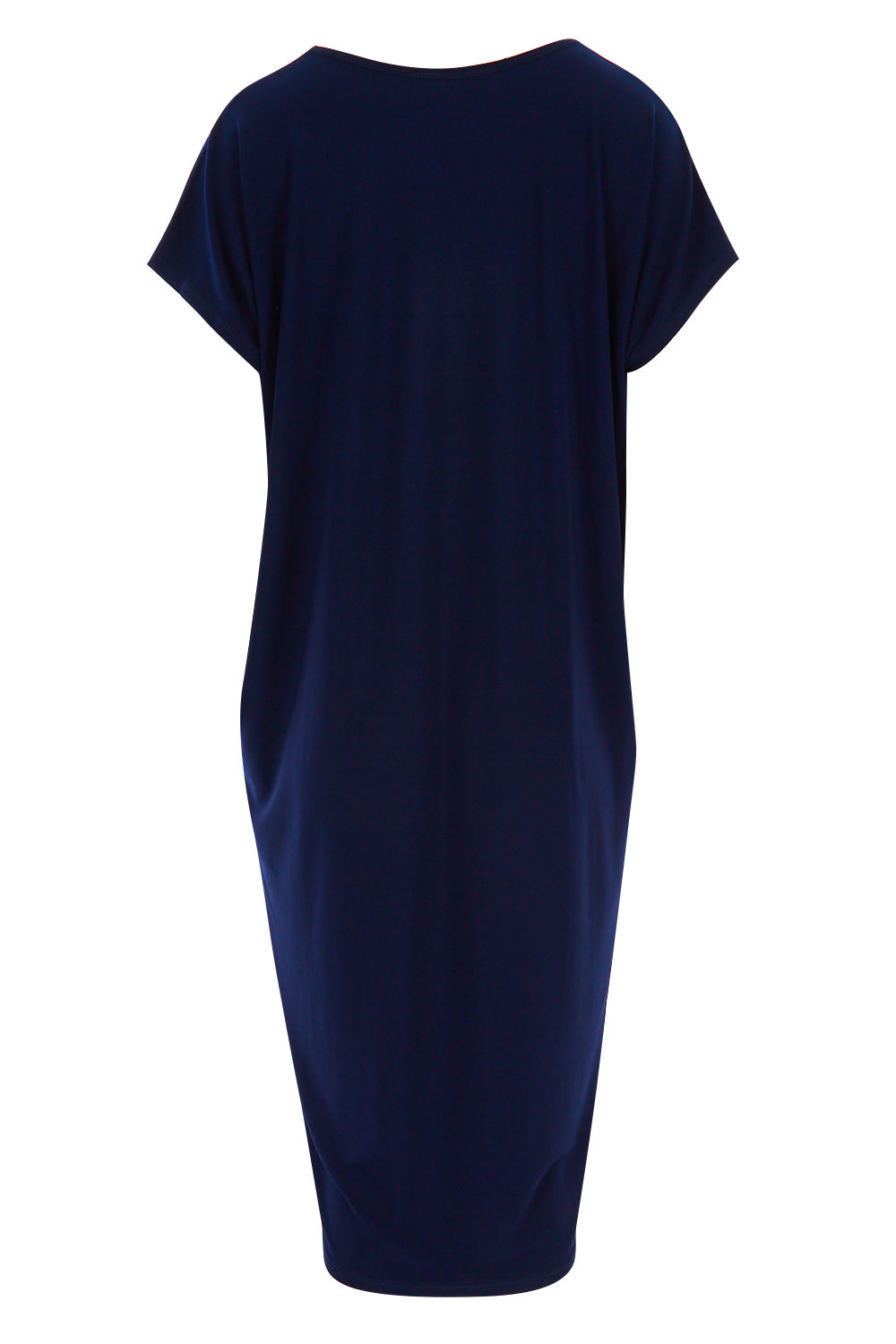 Product shot of The Drape Jersey Dress in colour Navy (Blue), from the back