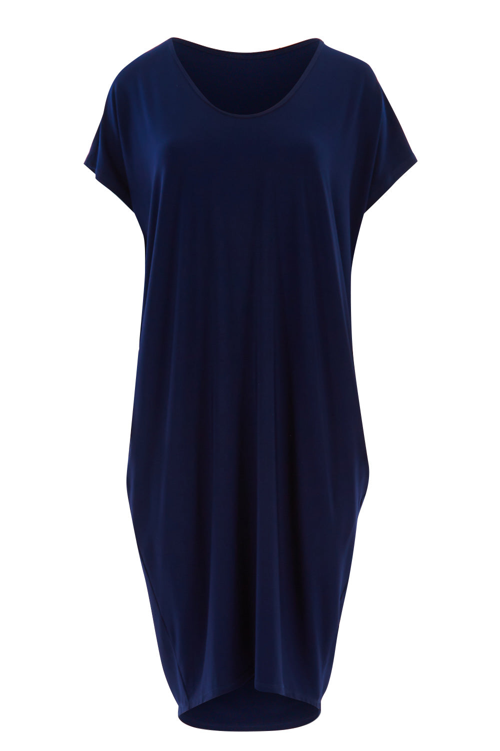 Product shot of The Drape Jersey Dress in colour Navy (Blue), from the front