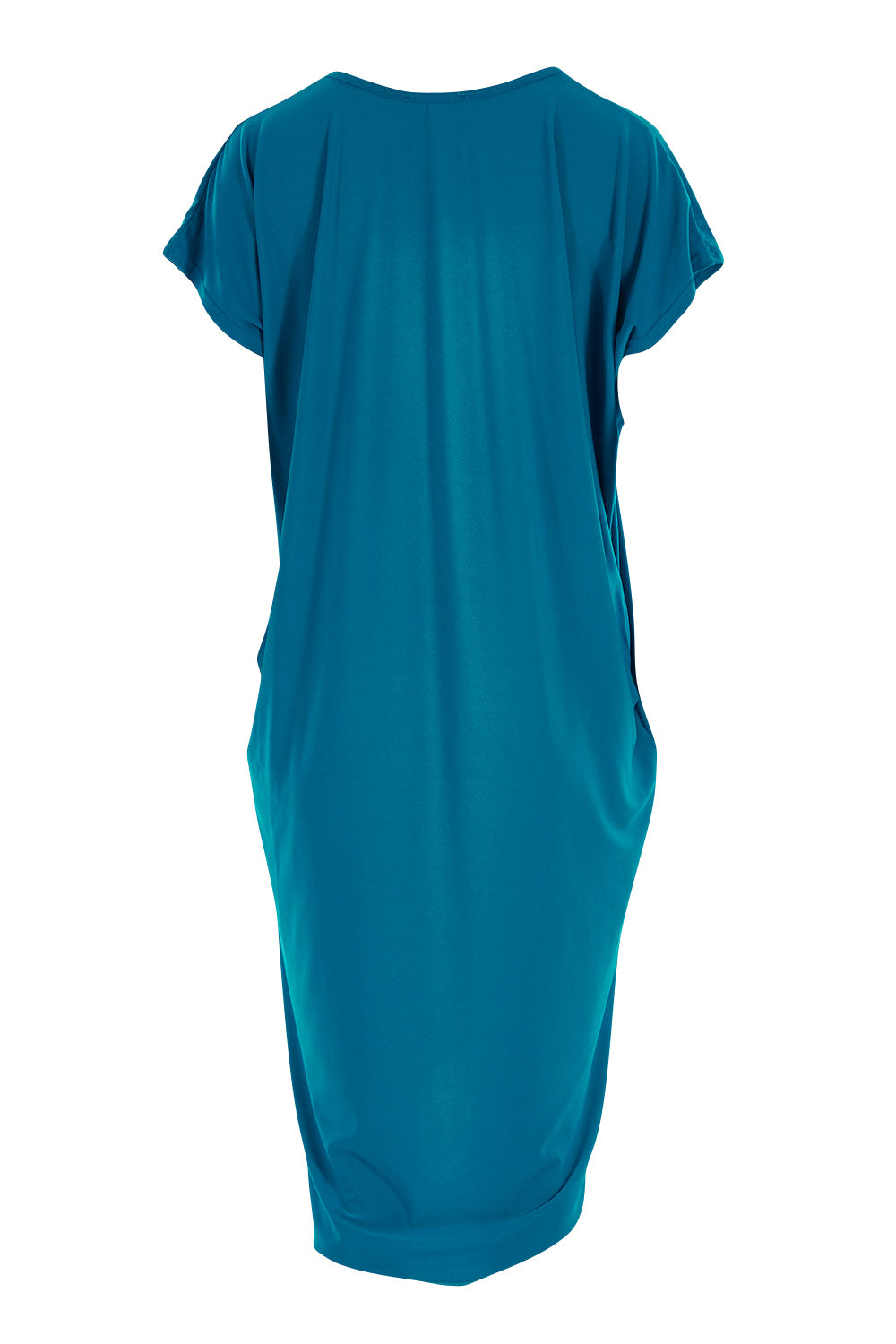 Product shot of The Drape Jersey Dress in colour Teal (Blue), from the back