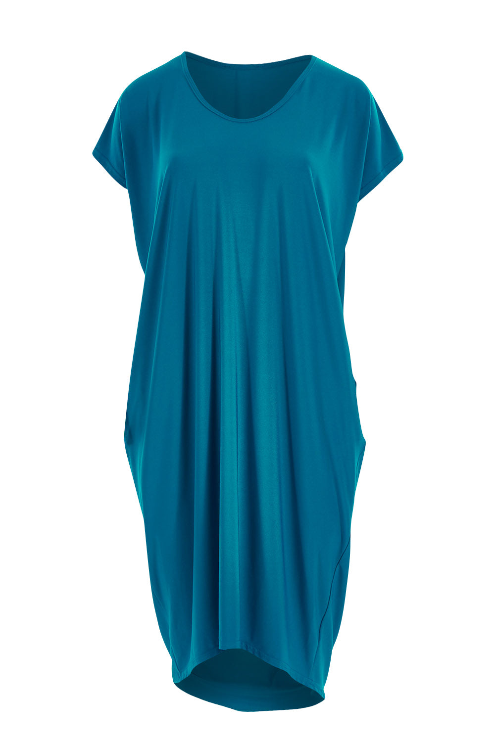 Product shot of The Drape Jersey Dress in colour Teal (Blue), from the front