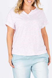 Model Jess wearing size 14 of The V Split Jersey Tee in colour PinkStripe (Pink), from the front, cropped image