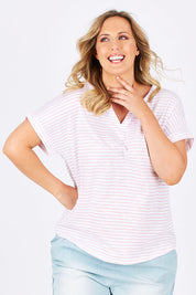 Model Jess wearing size 14 of The V Split Jersey Tee in colour PinkStripe (Pink), from the front, cropped image