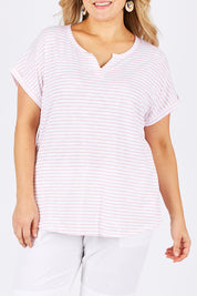 Model Ljubenka wearing size 18 of The V Split Jersey Tee in colour PinkStripe (Pink), from the front, cropped image