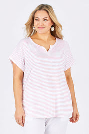 Model Ljubenka wearing size 18 of The V Split Jersey Tee in colour PinkStripe (Pink), from the front, cropped image