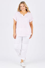 Model Ljubenka wearing size 18 of The V Split Jersey Tee in colour PinkStripe (Pink), from the front, showing the whole outfit