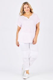 Model Ljubenka wearing size 18 of The V Split Jersey Tee in colour PinkStripe (Pink), from the front, showing the whole outfit