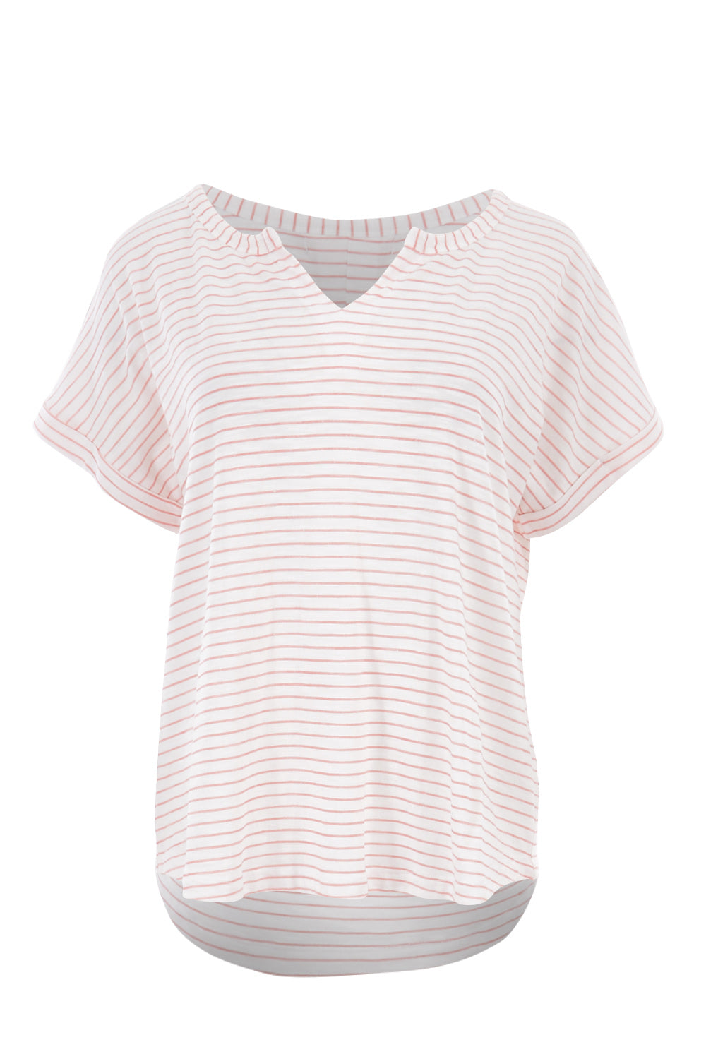Product shot of The V Split Jersey Tee in colour PinkStripe (Pink), from the front