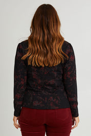 Model Laura wearing size 14 of The Printed Ponte Blazer in colour Blackred (Black), from the back