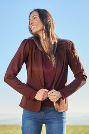 Model Amanda wearing size 10 of The Ponte Blazer in colour Chocolate, from the front, showing the whole outfit