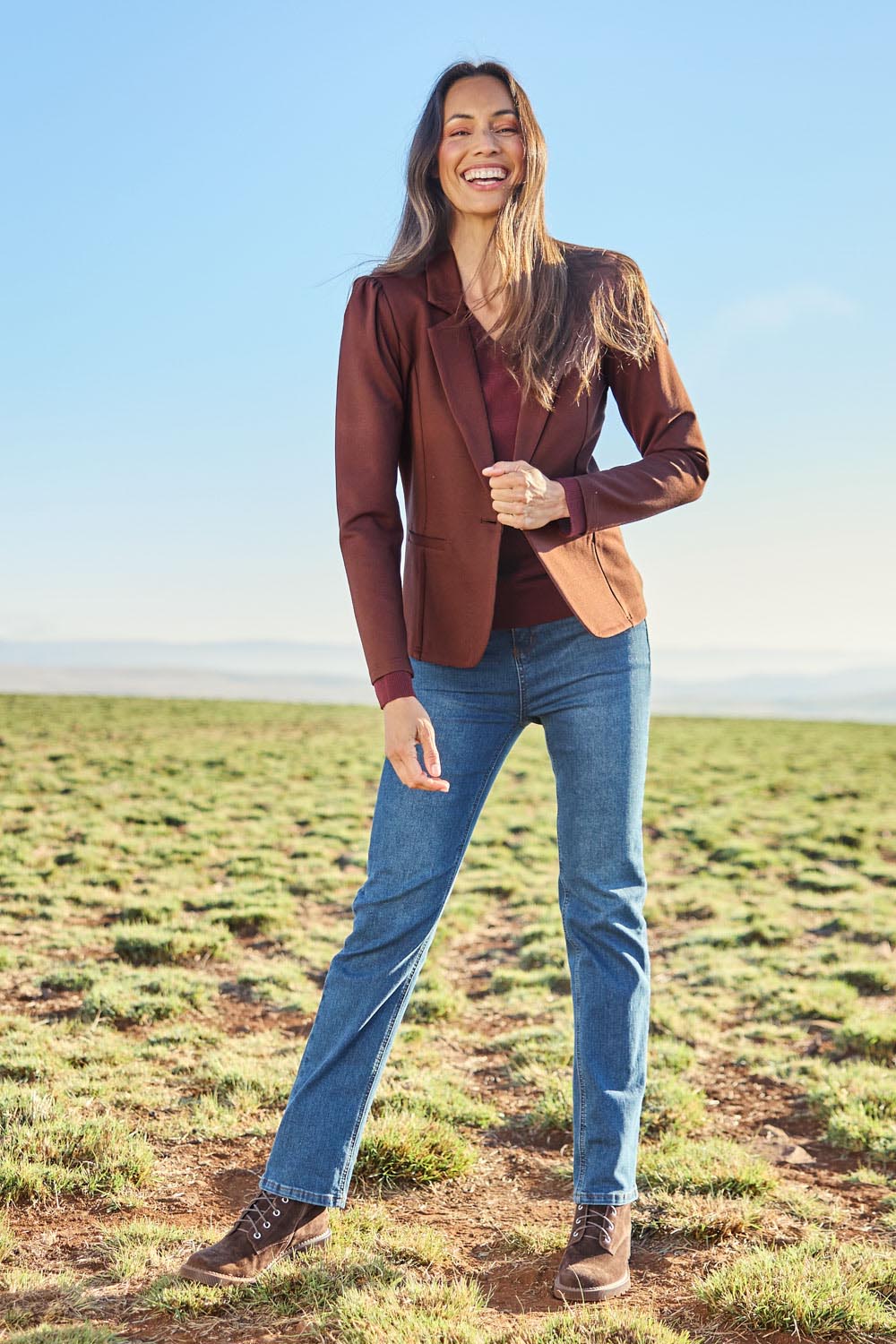 Model Amanda wearing size 10 of The Ponte Blazer in colour Chocolate, from the front, showing the whole outfit
