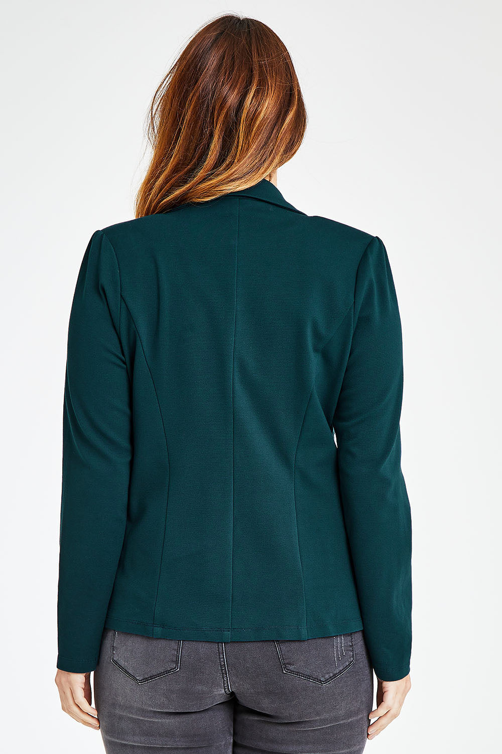 Model Laura wearing size 14 of The Ponte Blazer in colour Lagoon (Green), from the back