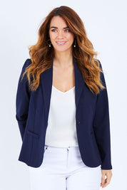 Model Laura wearing size 14 of The Ponte Blazer in colour Navy (Blue), from the front, cropped image