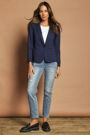 Model Madeline wearing size 10 of The Ponte Blazer in colour Navy (Blue), from the front, showing the whole outfit