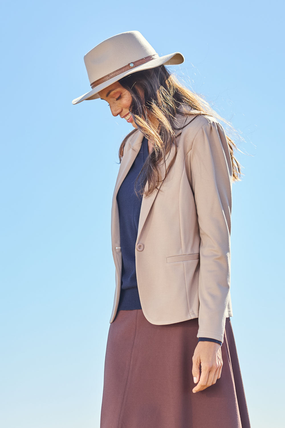 Model Amanda wearing size 10 of The Ponte Blazer in colour Nougat, from the front, showing the whole outfit