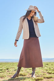 Model Amanda wearing size 10 of The Ponte Blazer in colour Nougat, from the front, showing the whole outfit