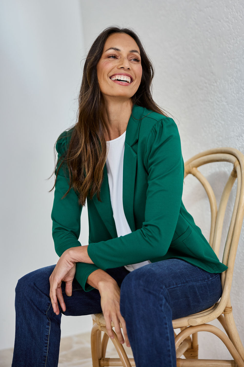 Model Amanda wearing size 10 of The Ponte Blazer in colour Pinegreen (Green), from the front, showing the whole outfit