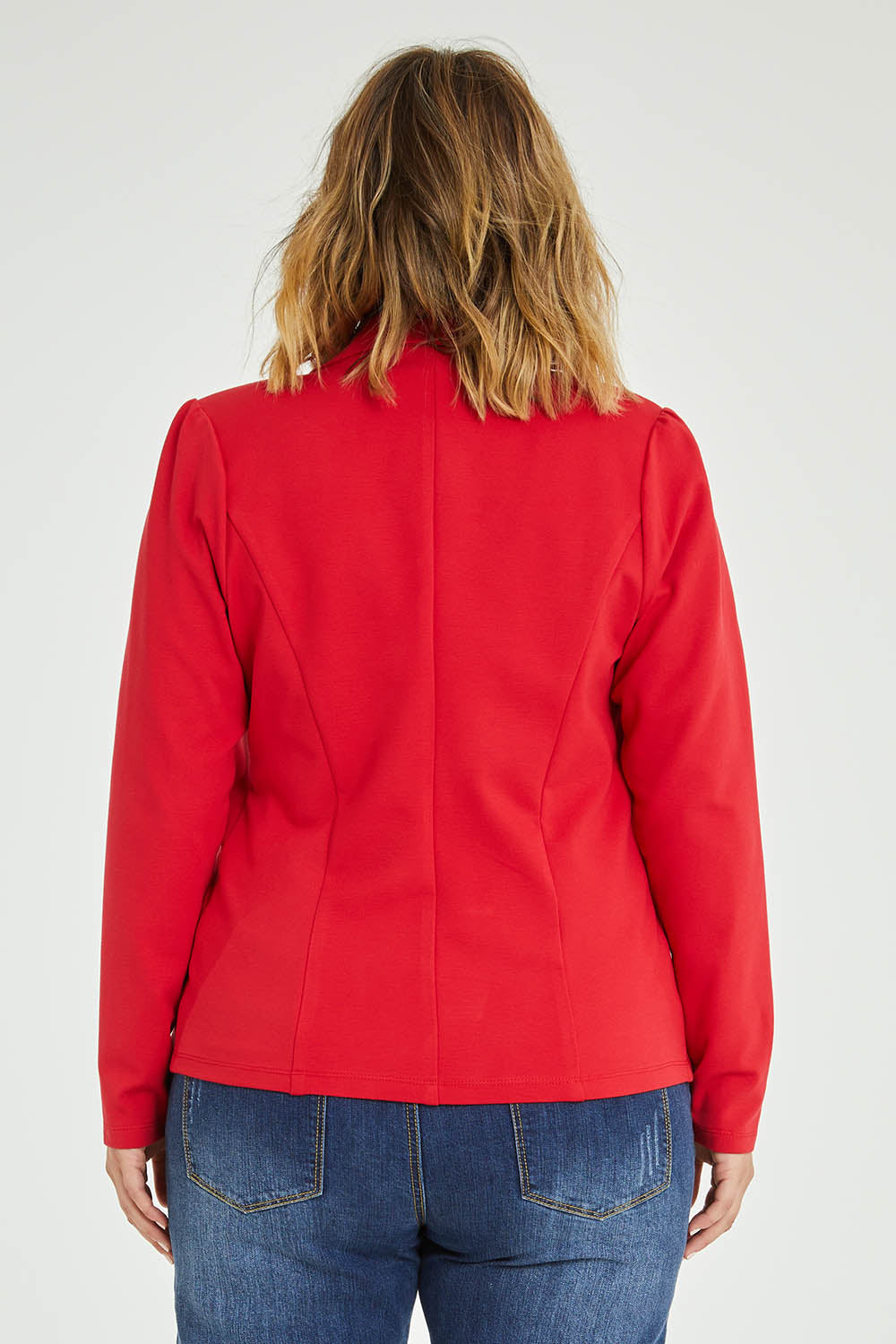 Model Jess wearing size 14 of The Ponte Blazer in colour Red (Red), from the back
