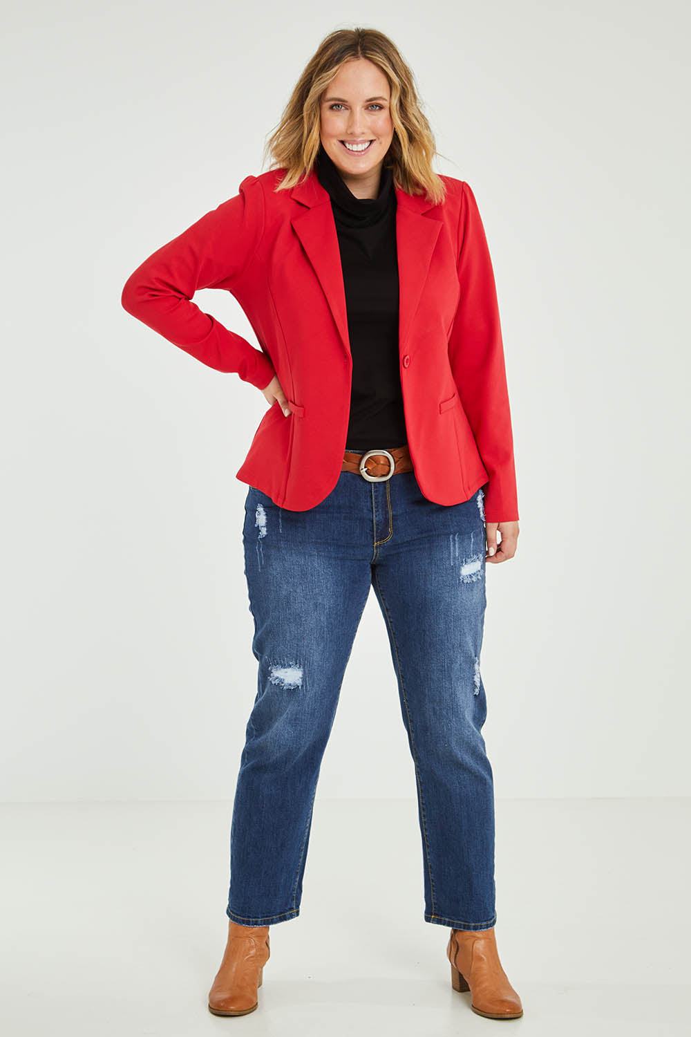 Model Jess wearing size 14 of The Ponte Blazer in colour Red (Red), from the front, showing the whole outfit