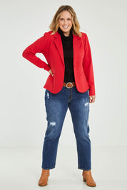 Model Jess wearing size 14 of The Ponte Blazer in colour Red (Red), from the front, showing the whole outfit