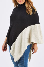 Model Ljubenka wearing The Panel Knit Poncho in colour Charcoal (Black), from the front, cropped image