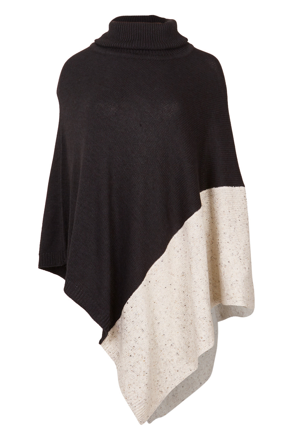 Product shot of The Panel Knit Poncho in colour Charcoal (Black), from the front