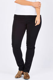 Model Laura wearing size 12 of The Slim Leg Powerstretch Jean in colour Black (Black), from the front, cropped image