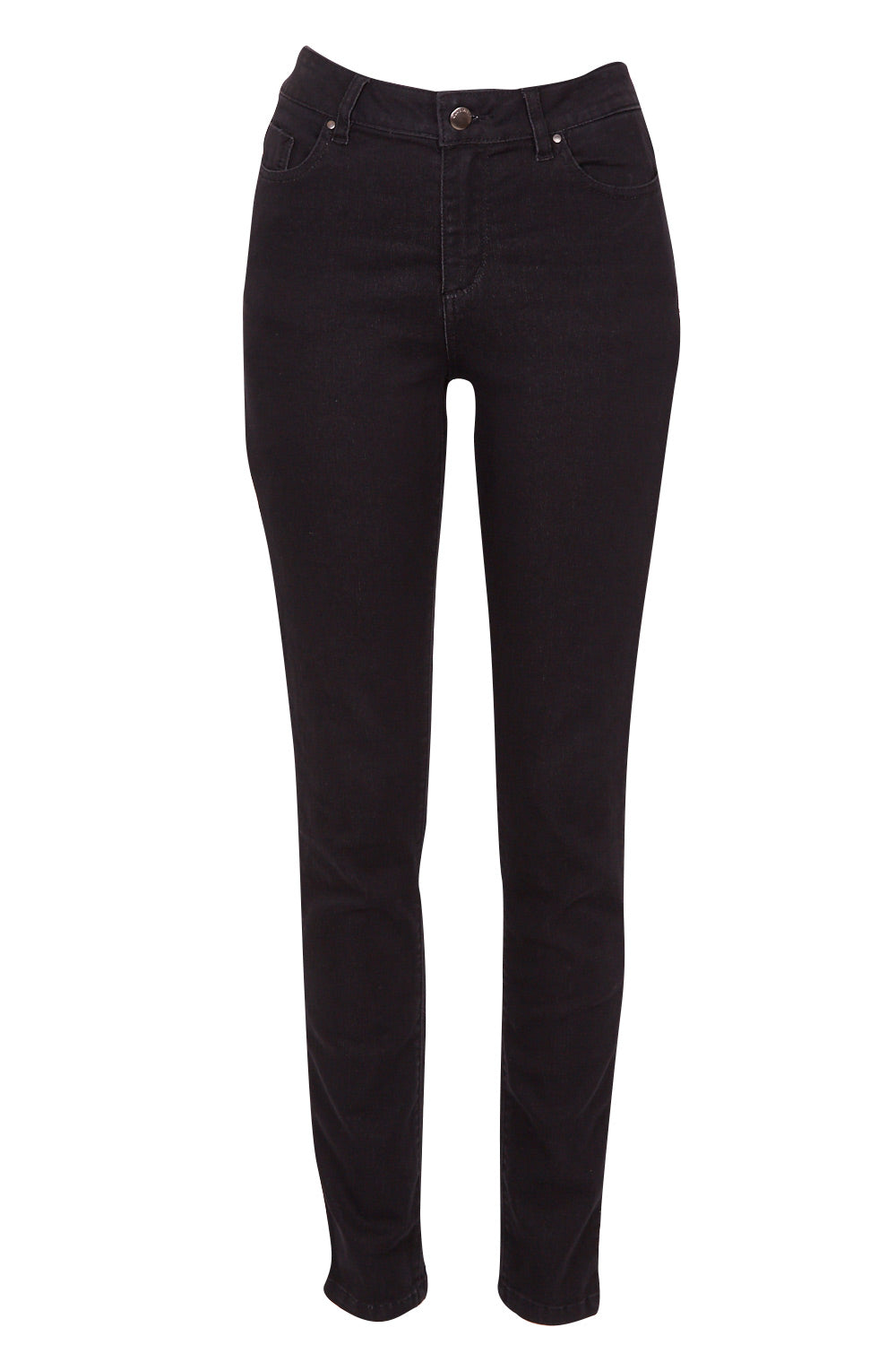 Product shot of The Slim Leg Powerstretch Jean in colour Black (Black), from the front