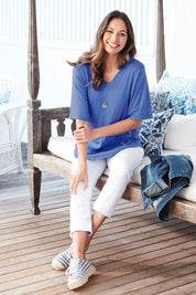 Model Monique wearing size 10 of The Stella Tee in colour Marine (Black), from the front, showing the whole outfit