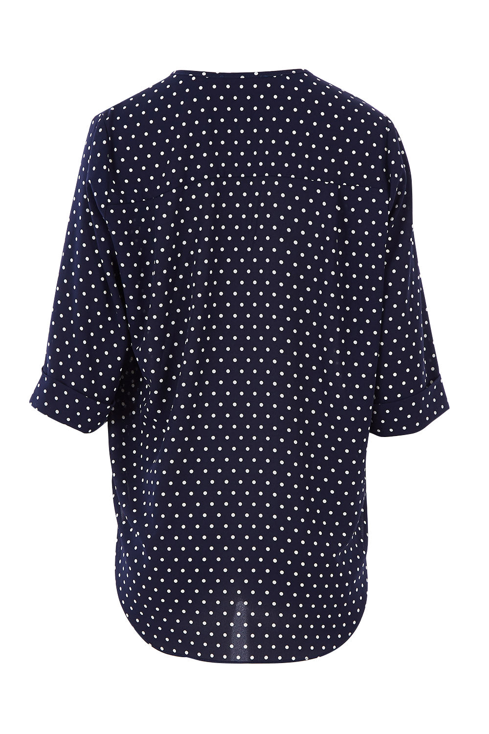 Product shot of The Cross Front Spot Blouse in colour NavySpot (Blue), from the back