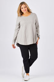 Model Ljubenka wearing size 18 of The Weekender Pant in colour WashedBlac (Black), from the front, showing the whole outfit