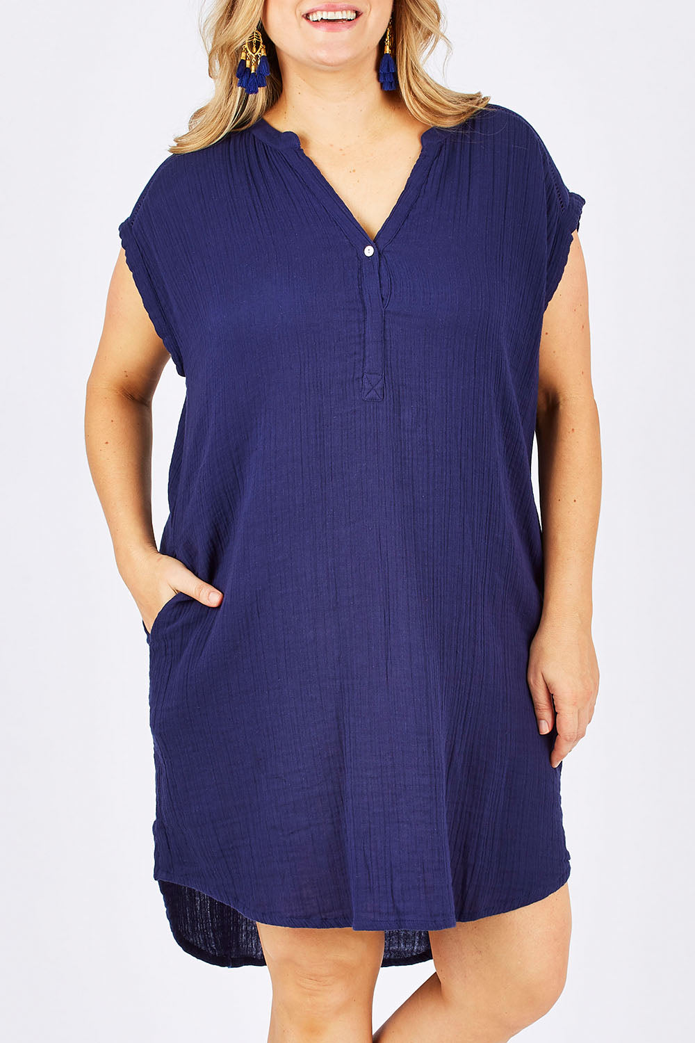 Model Ljubenka wearing size 18 of The Bonded Cotton Dress in colour FrenchNavy (Blue), from the front, cropped image