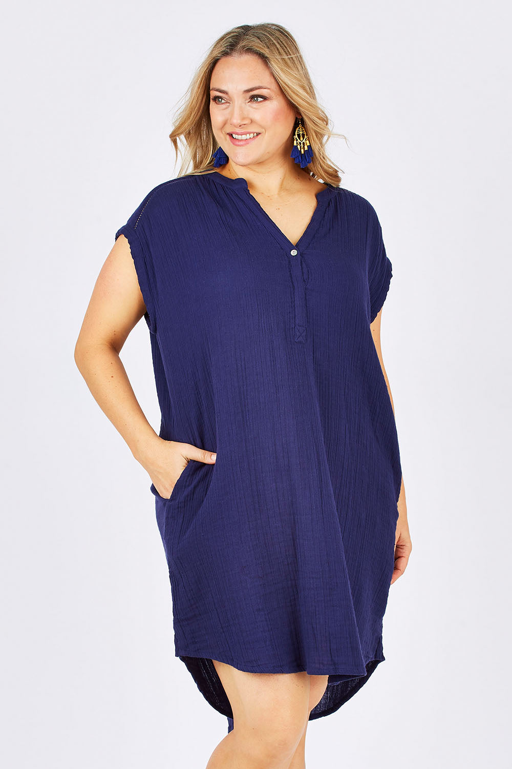 Model Ljubenka wearing size 18 of The Bonded Cotton Dress in colour FrenchNavy (Blue), from the front, cropped image