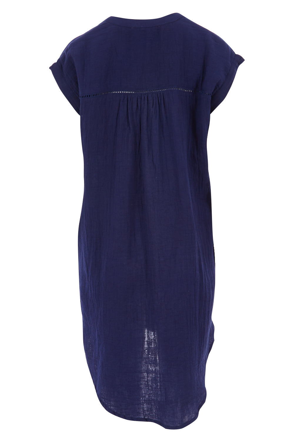 Product shot of The Bonded Cotton Dress in colour FrenchNavy (Blue), from the back