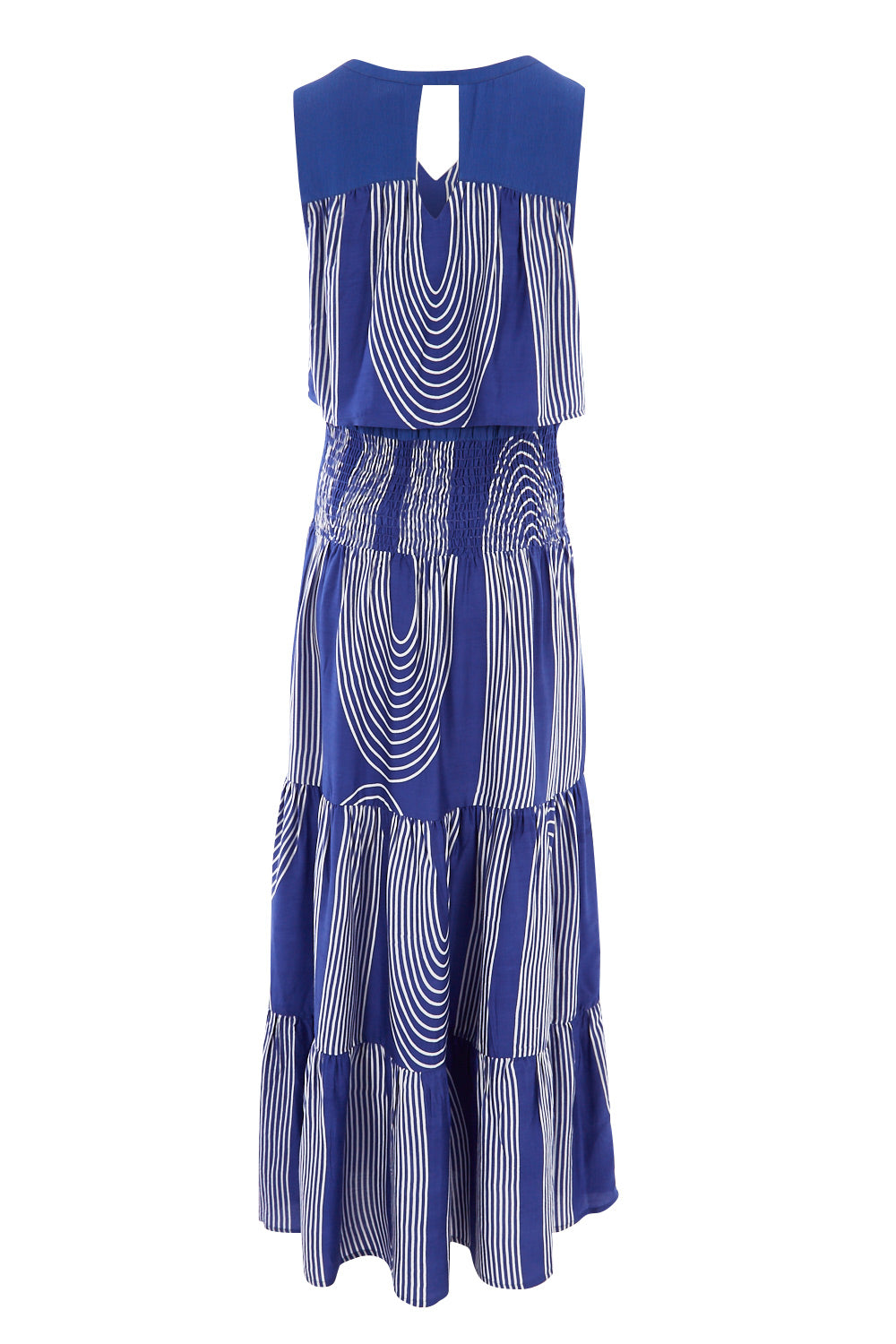 Product shot of The Curve Striped Maxi Dress in colour Marine (Blue), from the back