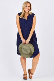 Model Jess wearing size 12 of The Bonded Cotton Tunic Dress in colour Navy (Blue), from the front, showing the whole outfit