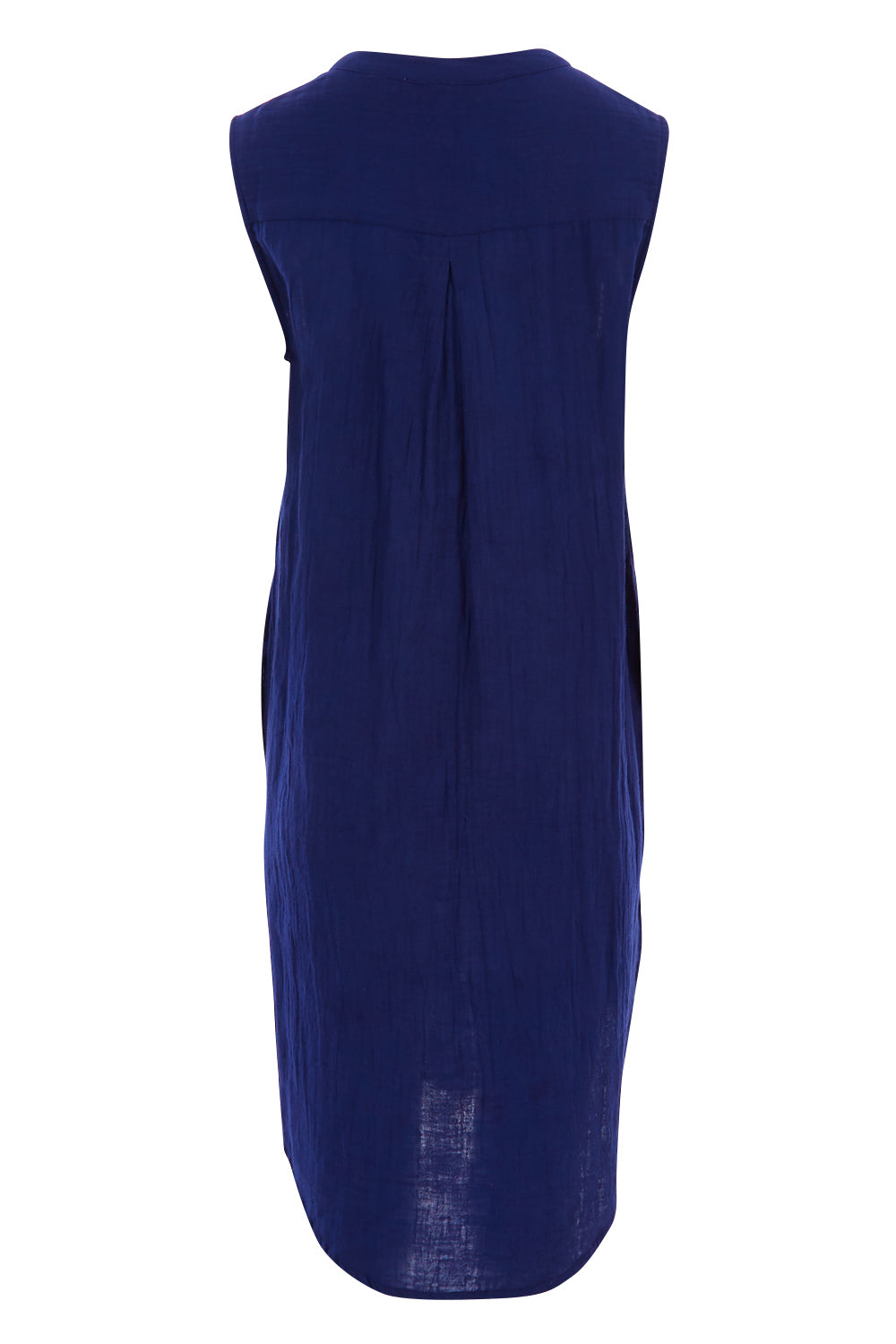 Product shot of The Bonded Cotton Tunic Dress in colour Navy (Blue), from the back