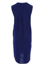 Product shot of The Bonded Cotton Tunic Dress in colour Navy (Blue), from the back