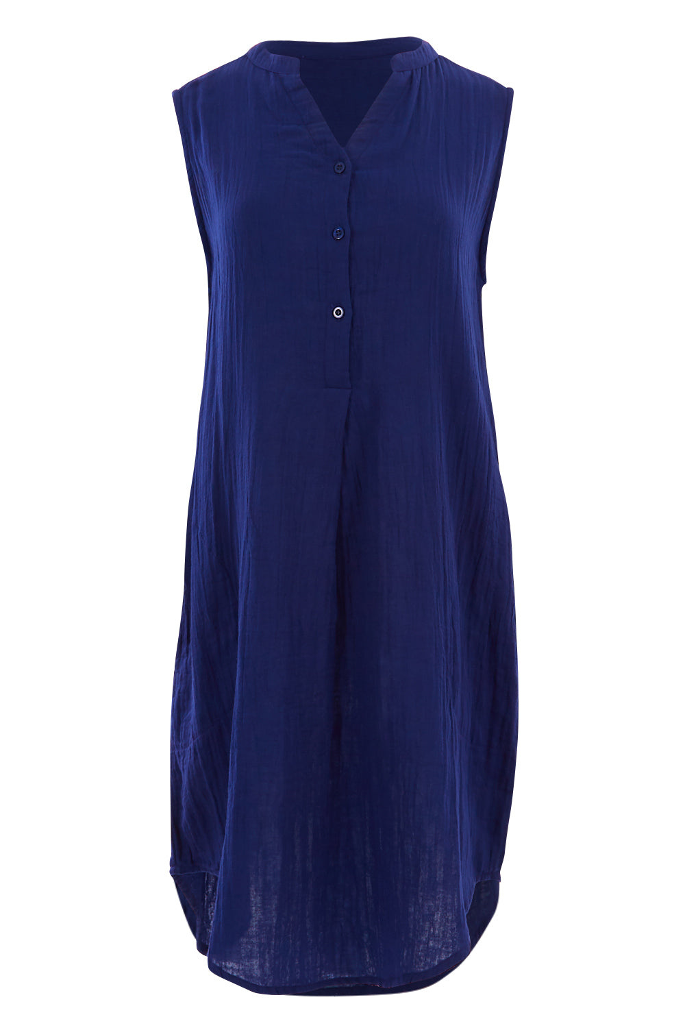 Product shot of The Bonded Cotton Tunic Dress in colour Navy (Blue), from the front