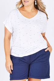 Model Ljubenka wearing size 18 of The Printed V Neck Tee in colour White (White), from the front, cropped image