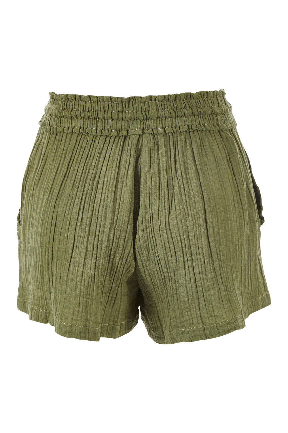 Product shot of The Bonded Cotton Short in colour Khaki (Green), from the back