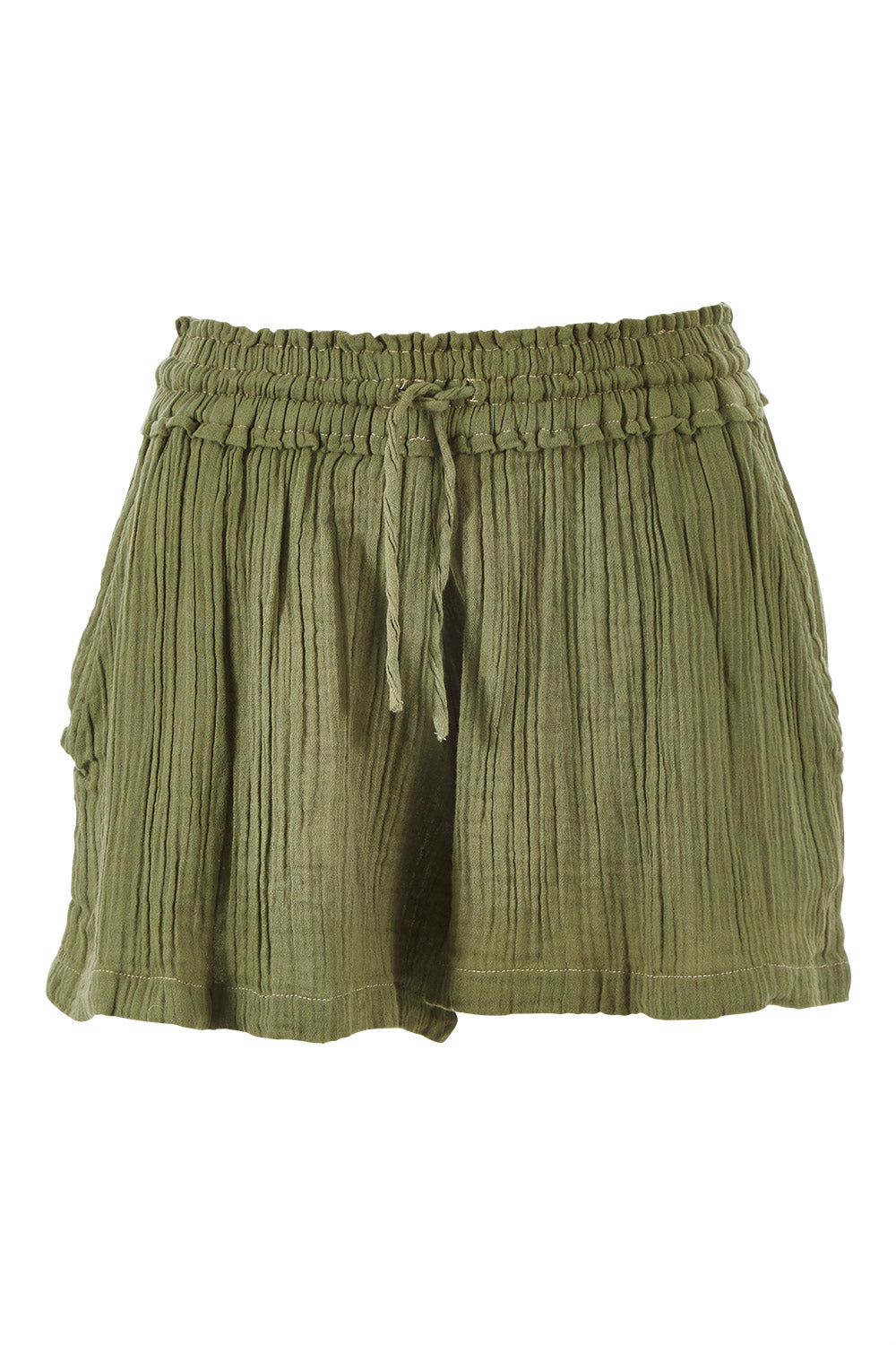 Product shot of The Bonded Cotton Short in colour Khaki (Green), from the front