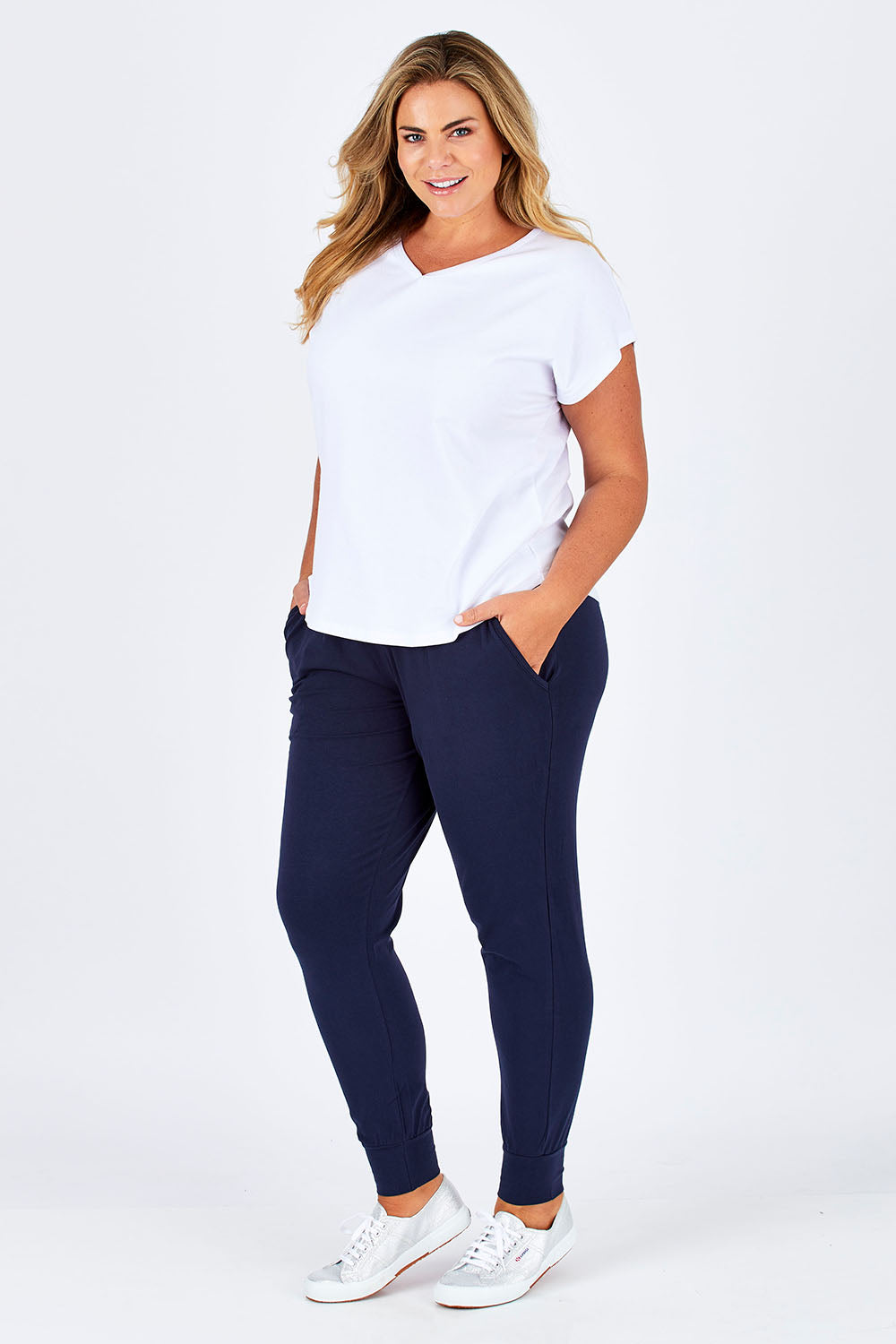 Model Fiona wearing size 16 of The Essential Layering Tee in colour White (White), from the front, showing the whole outfit