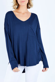 Model Chelsea wearing size 10 of The Luxe Long Sleeve Tee in colour Navy (Blue), from the front, cropped image