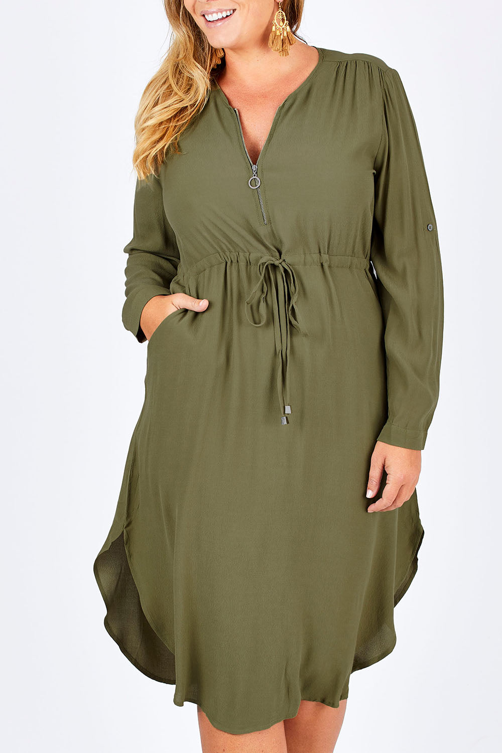 Model Fiona wearing size 16 of The Zip Front Midi Dress in colour Khaki (Green), from the front, cropped image