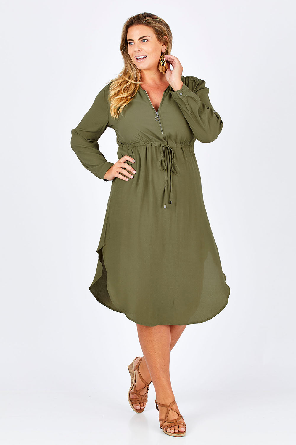 Model Fiona wearing size 16 of The Zip Front Midi Dress in colour Khaki (Green), from the front, showing the whole outfit