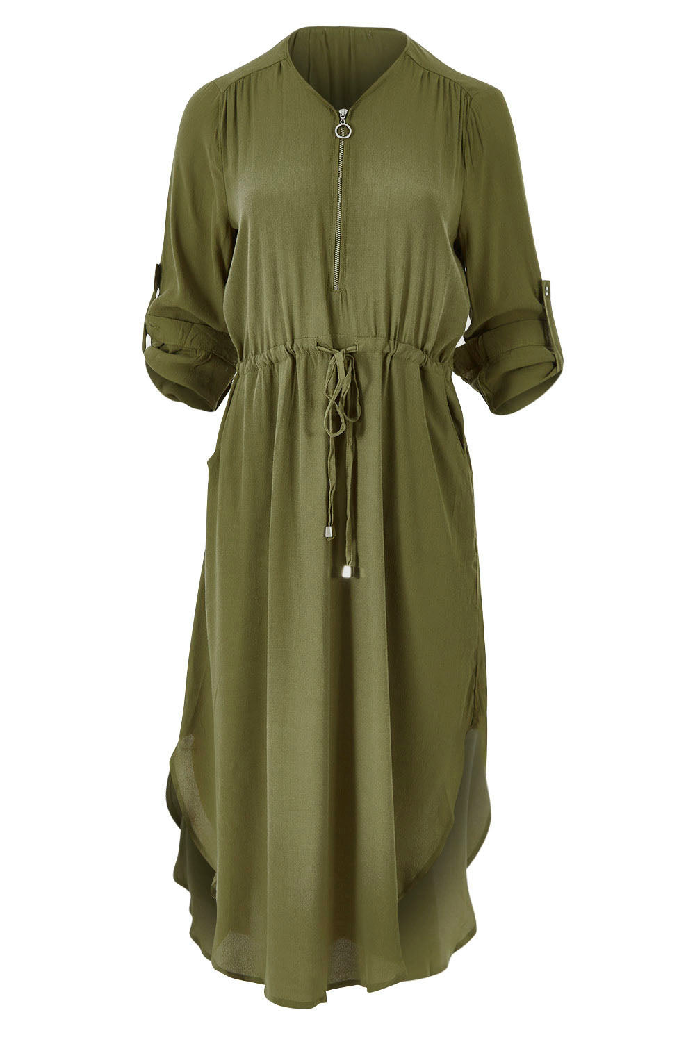 Product shot of The Zip Front Midi Dress in colour Khaki (Green), from the back